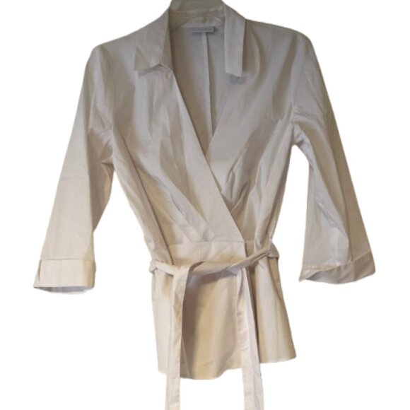New York & Company Stretch White Wrap Top - Tie Waist - Medium - Picture 2 of 5